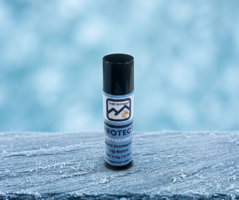 Trail Armour PROTECT Peppermint lip balm on frosted timber